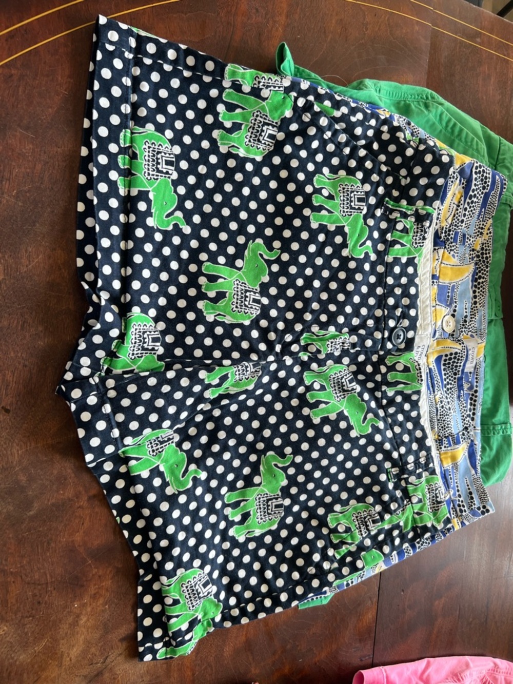 crown & ivy Navy Polka Dot Shorts with Green Elephant Print